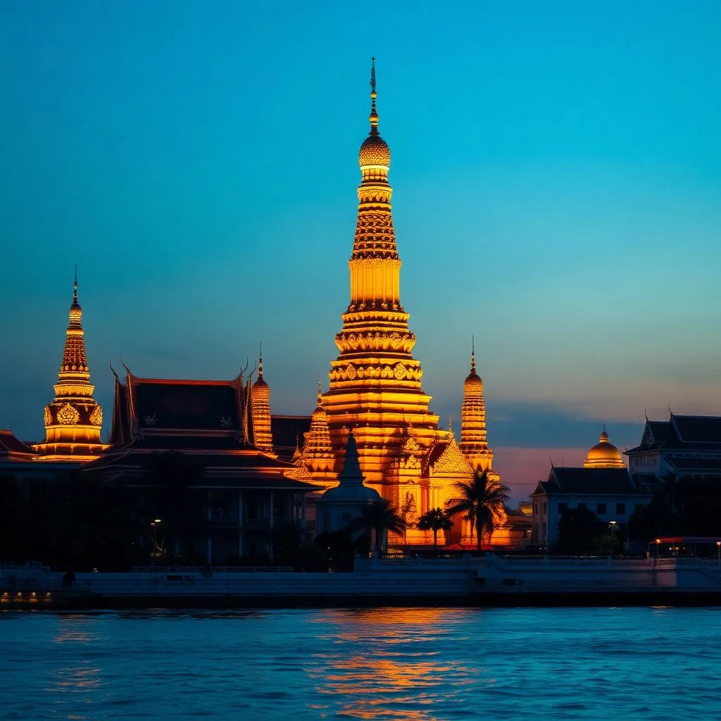 Golden spires of Wat Arun temple in Bangkok, Thailand lit up at dusk over the river