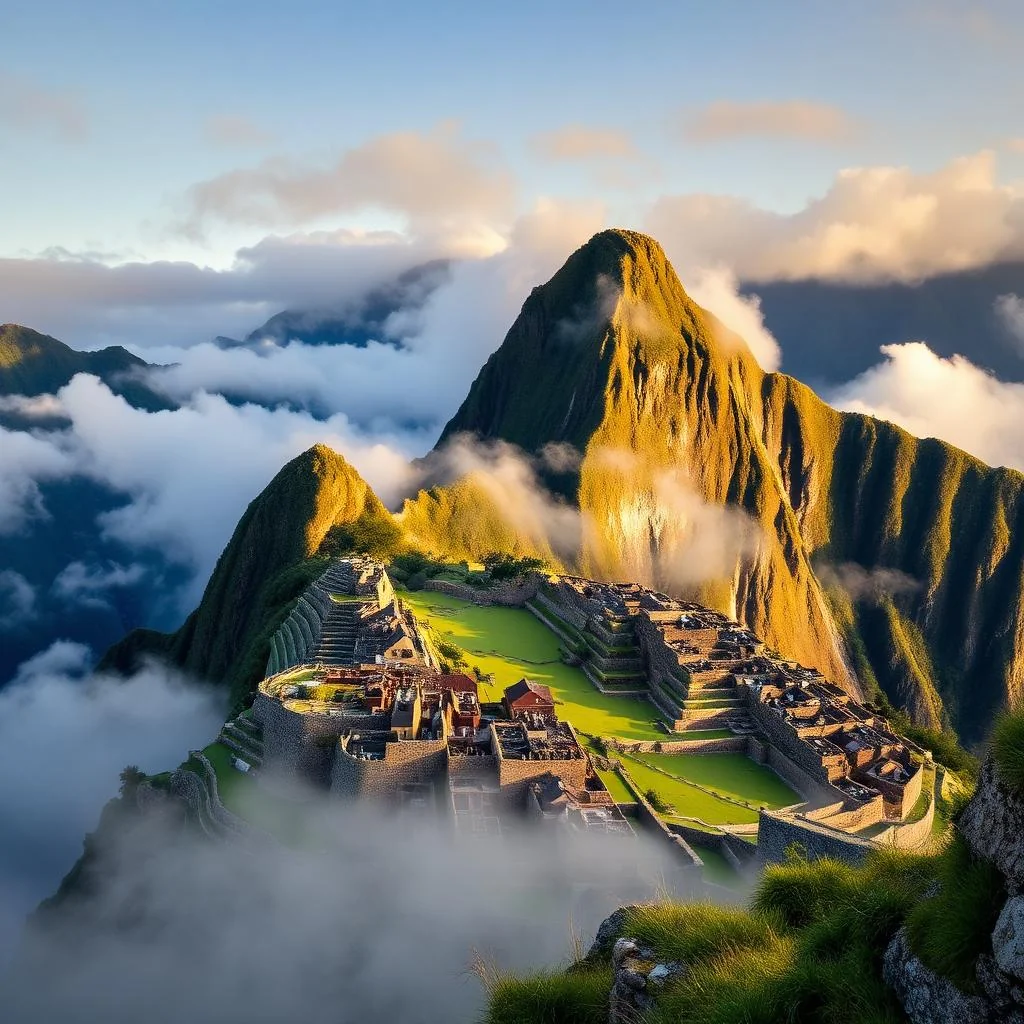 Machu Picchu citadel in Peru rising above the clouds at sunrise